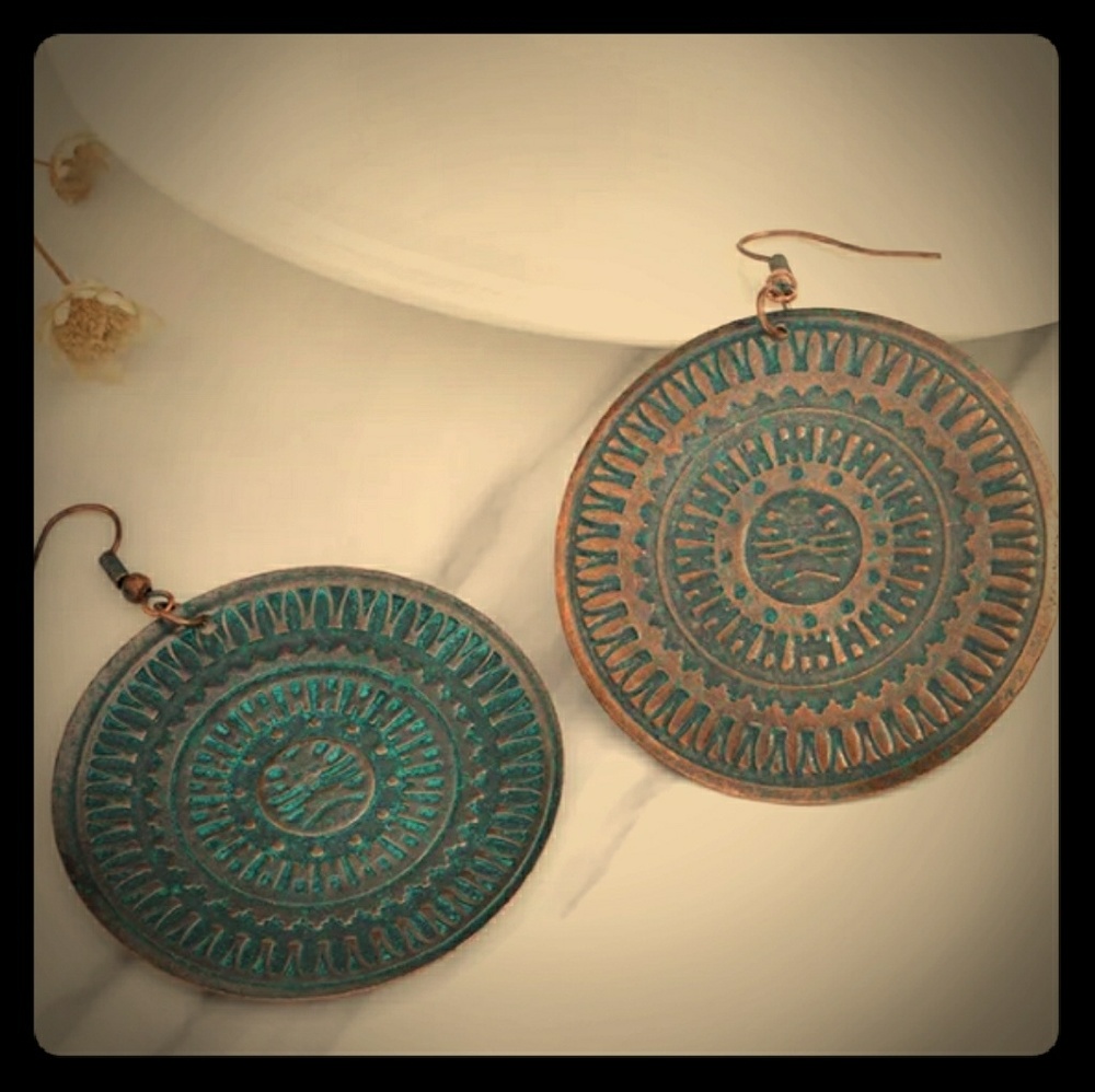 Large Cross Product Bohemian Carved Coin Earrings - Picture 3 of 5